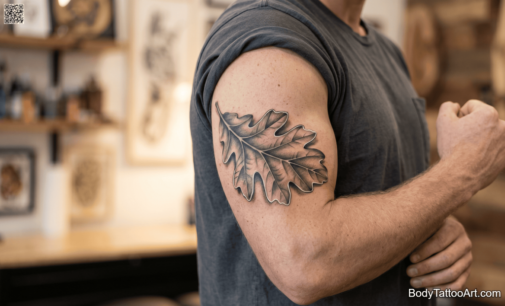 Grey-wash realism Oak Leaf Tattoos