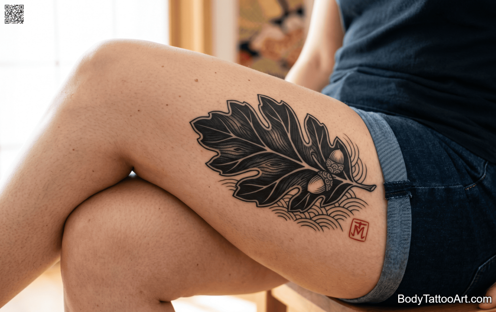 woodblock-inspired Oak Leaf Tattoos