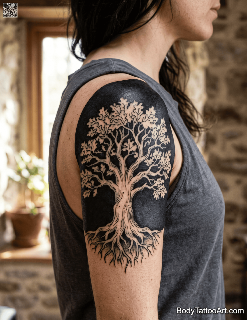 Negative space blackwork Oak Tree Tattoos