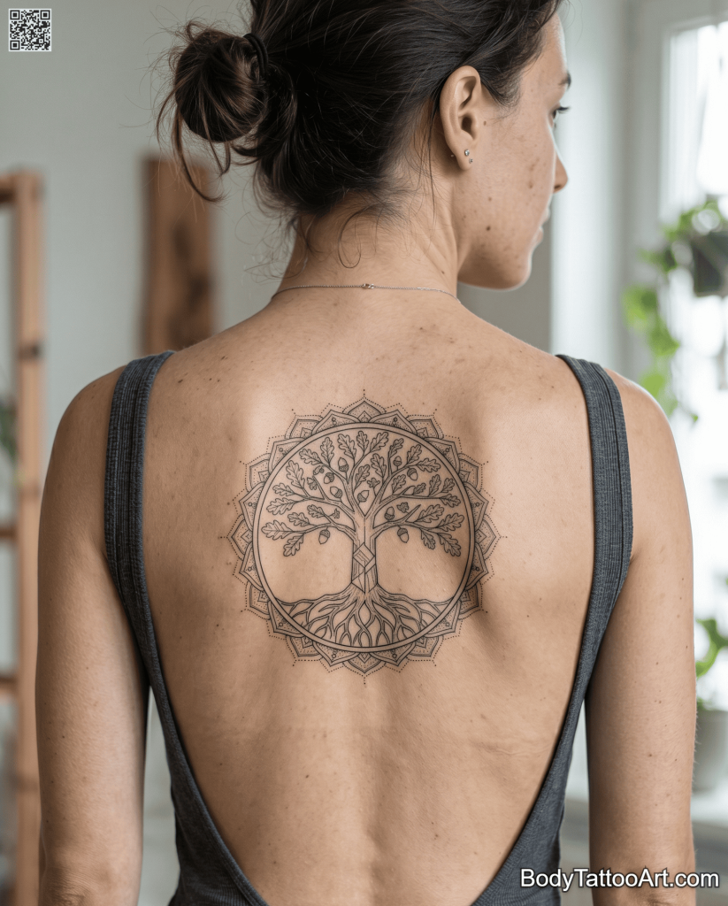 Fine line geometric Oak Tree Tattoos