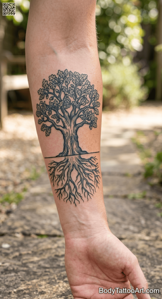 Fine line blackwork Oak Tree Tattoos