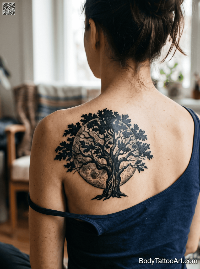 Illustrative blackwork Oak Tree Tattoos