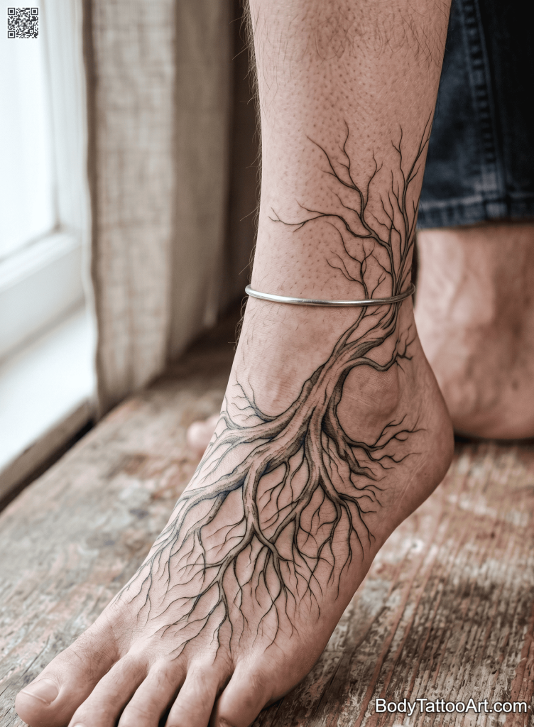 Fine line grey wash Oak Tree Tattoos