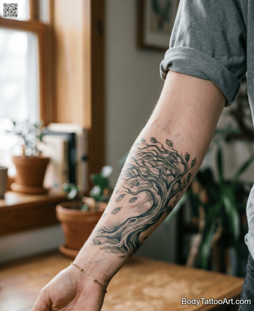 Illustrative grey wash Oak Tree Tattoos