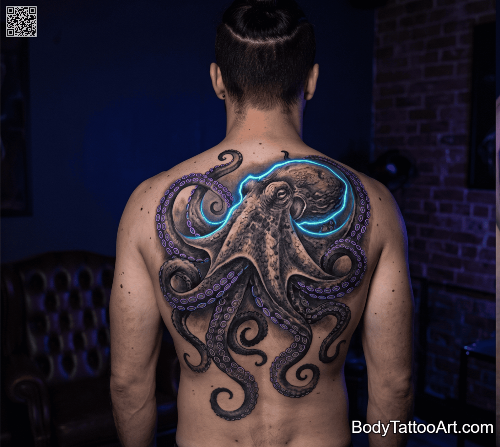 Black and grey with UV reactive ink accents Octopus Tattoos