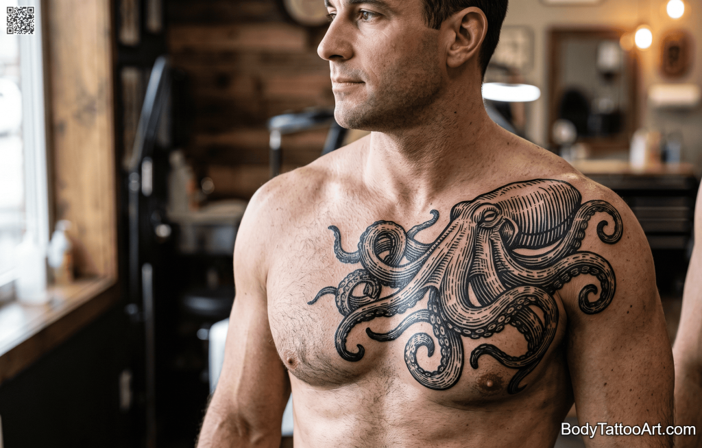 engraving blackwork Octopus Tattoos