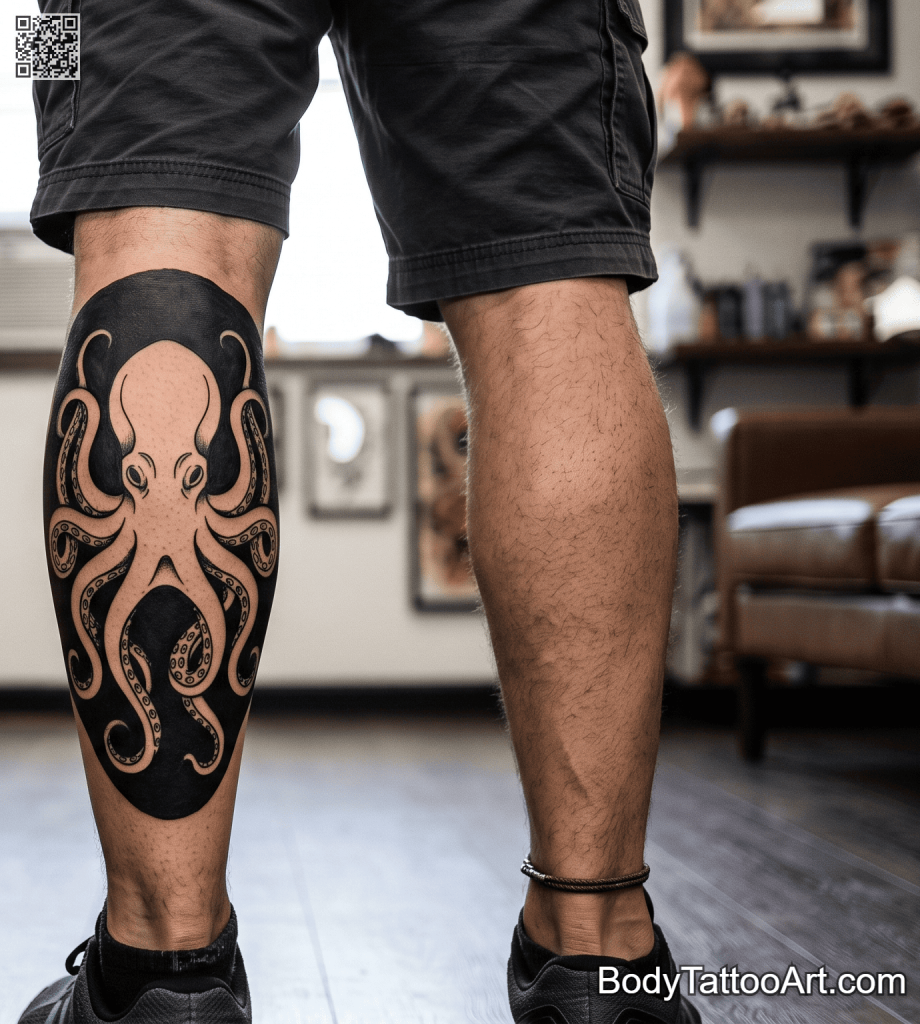 Negative space blackwork Octopus Tattoos