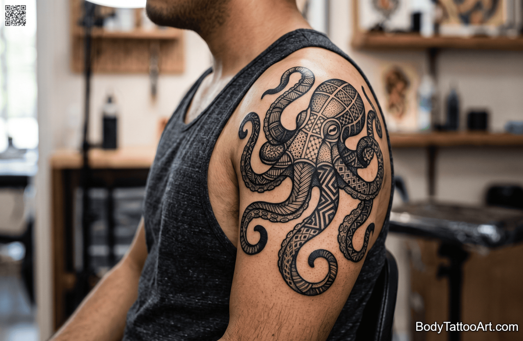 Ornamental blackwork Octopus Tattoos