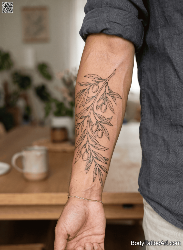Fine line botanical Olive Branch Tattoos