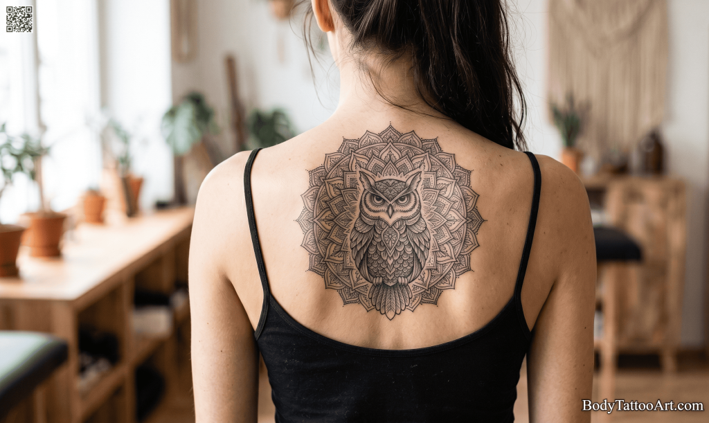 Fine line mandala Owl Tattoos