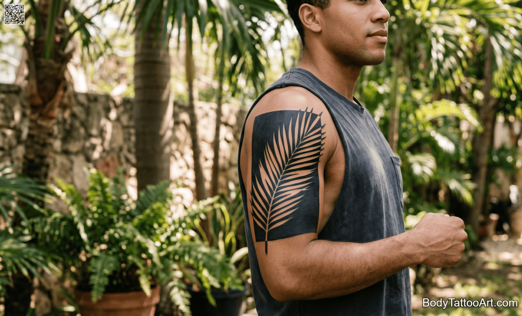 Blackout negative space Palm Leaf Tattoos