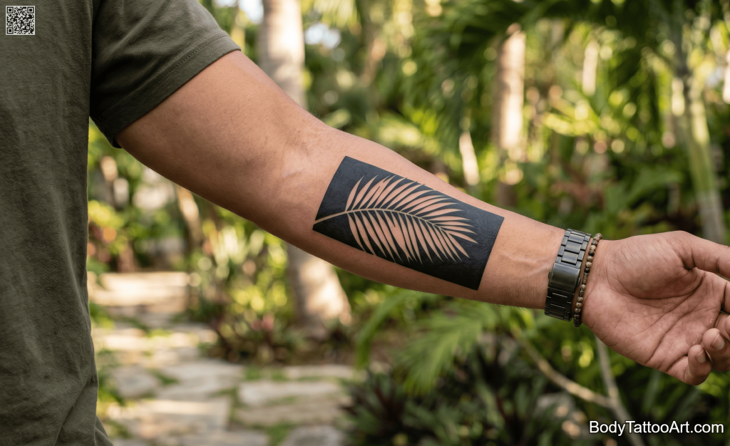 Negative space blackwork Palm Leaf Tattoos