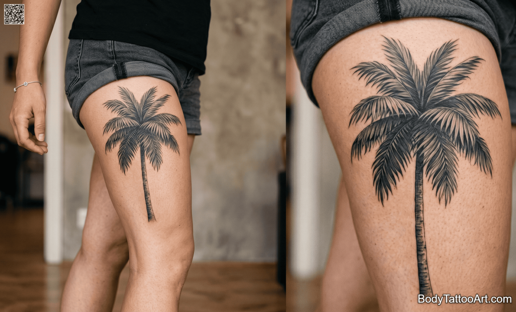 Grey-wash realism Palm Tree Tattoos