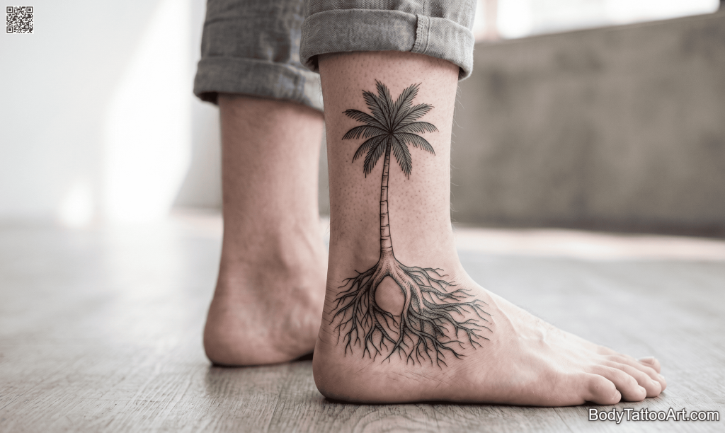 Fine line with cross-hatching Palm Tree Tattoos