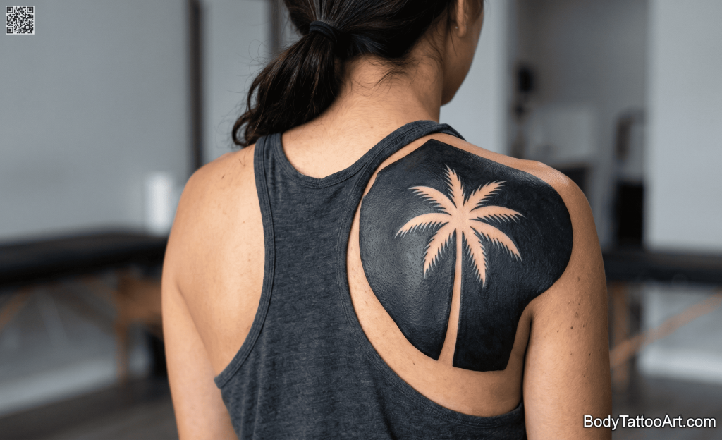 Negative space blackwork Palm Tree Tattoos