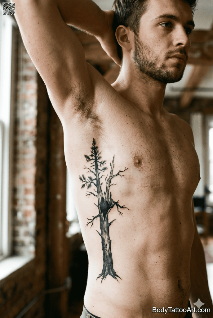 Blackwork with dramatic shading Pine Tree Tattoos