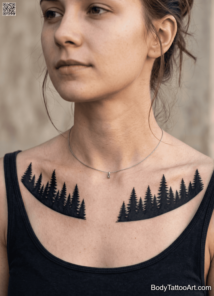 Blackwork silhouette Pine Tree Tattoos