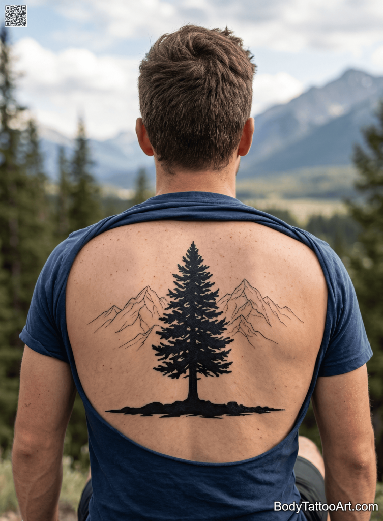 Blackwork with fine line outline Pine Tree Tattoos