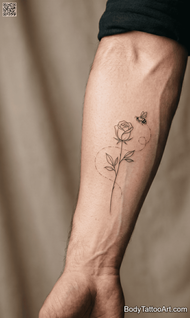 Fine line Rose With Bee Tattoos