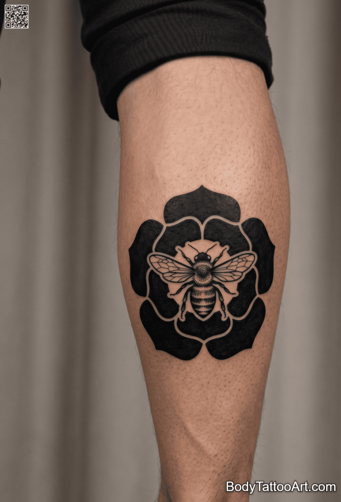 Blackwork Rose With Bee Tattoos