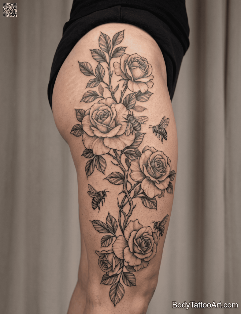  Illustrative Rose With Bee Tattoos