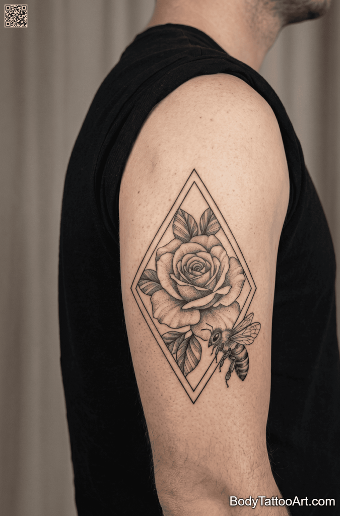 - Geometric realism Rose With Bee Tattoos