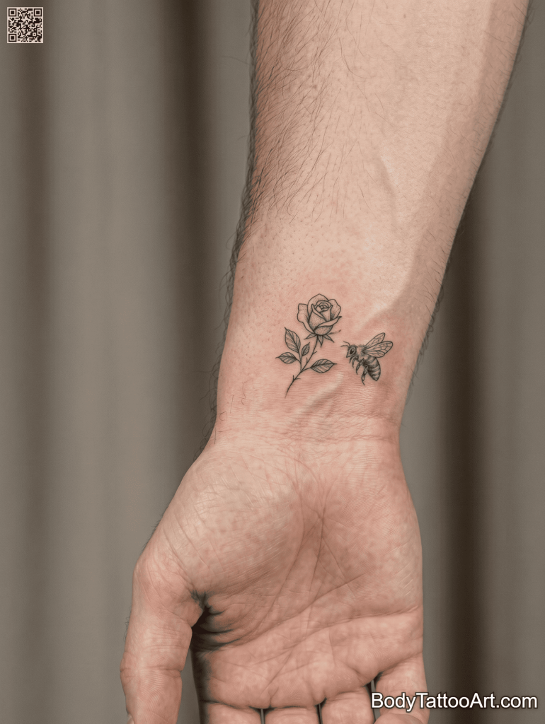 Minimalist Rose With Bee Tattoos