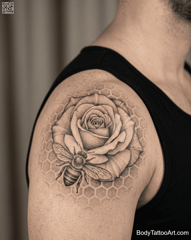  Dotwork Rose With Bee Tattoos