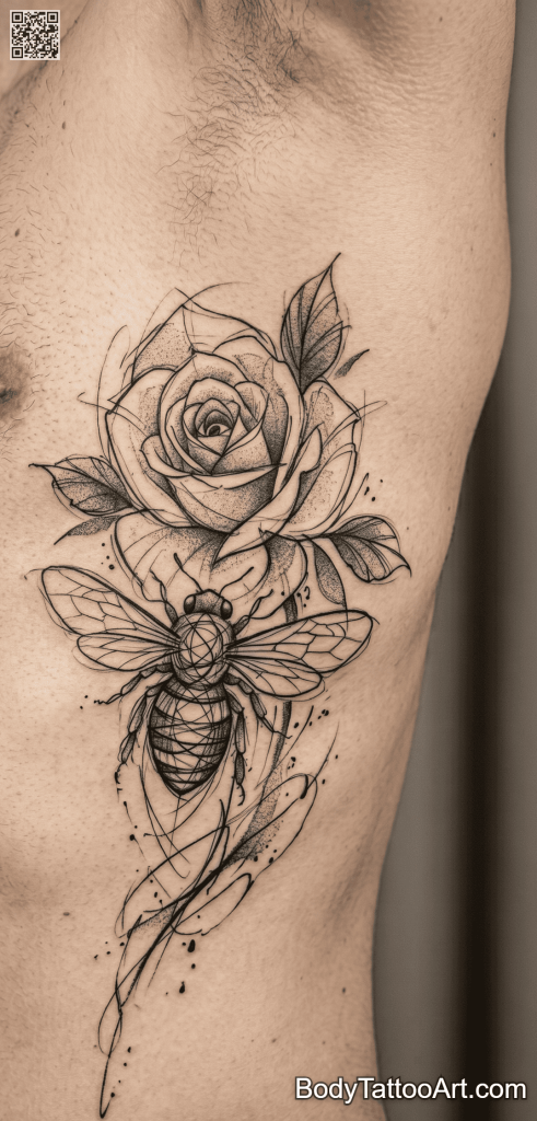 - Abstract sketch Rose With Bee Tattoos