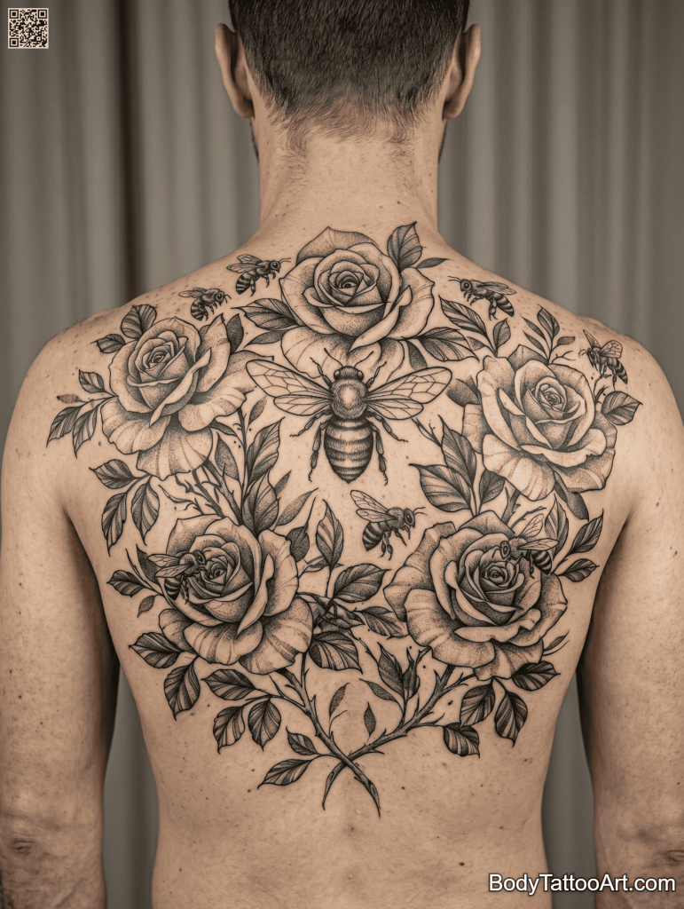 Black and grey realism Rose With Bee Tattoos