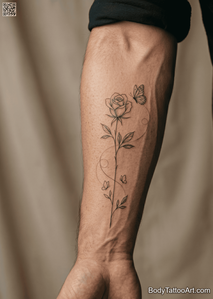 Fine line Rose With Butterfly Tattoos