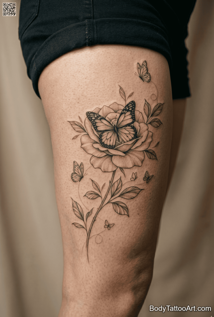 Illustrative Rose With Butterfly Tattoos