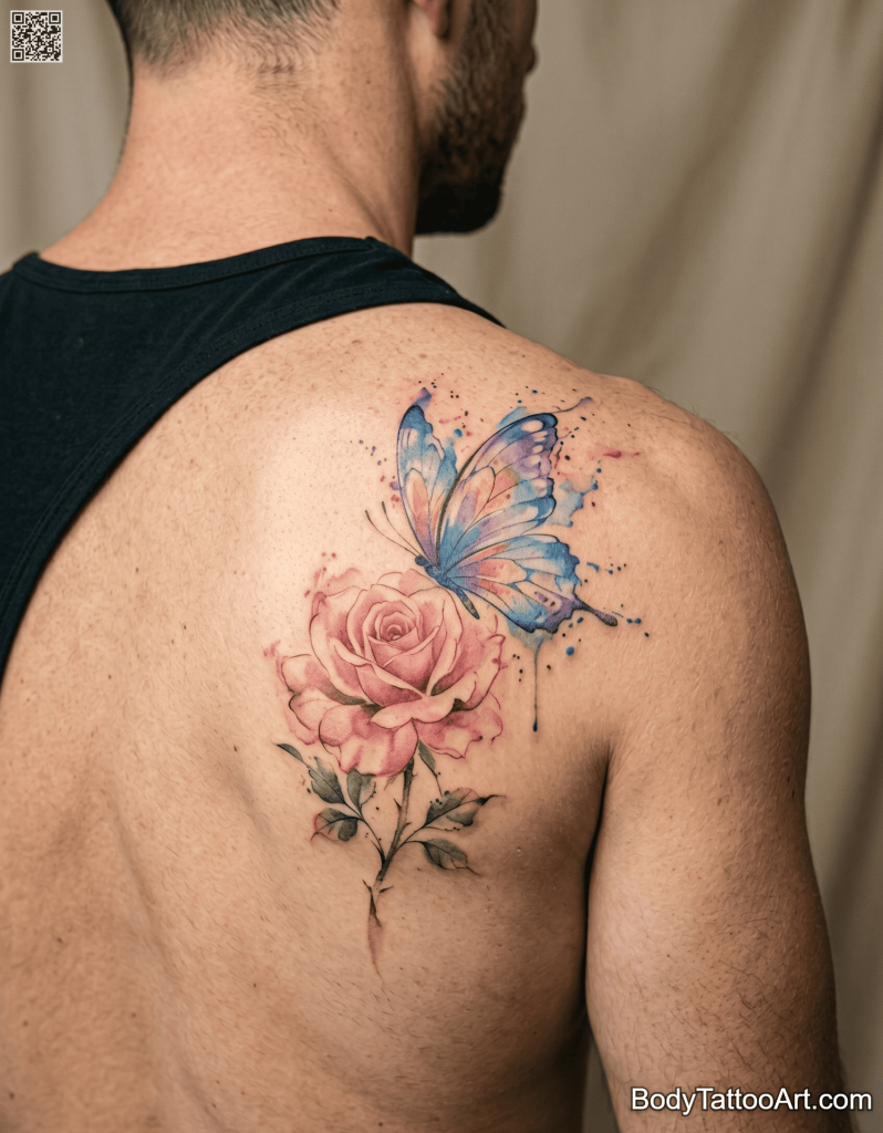 Watercolor Rose With Butterfly Tattoos