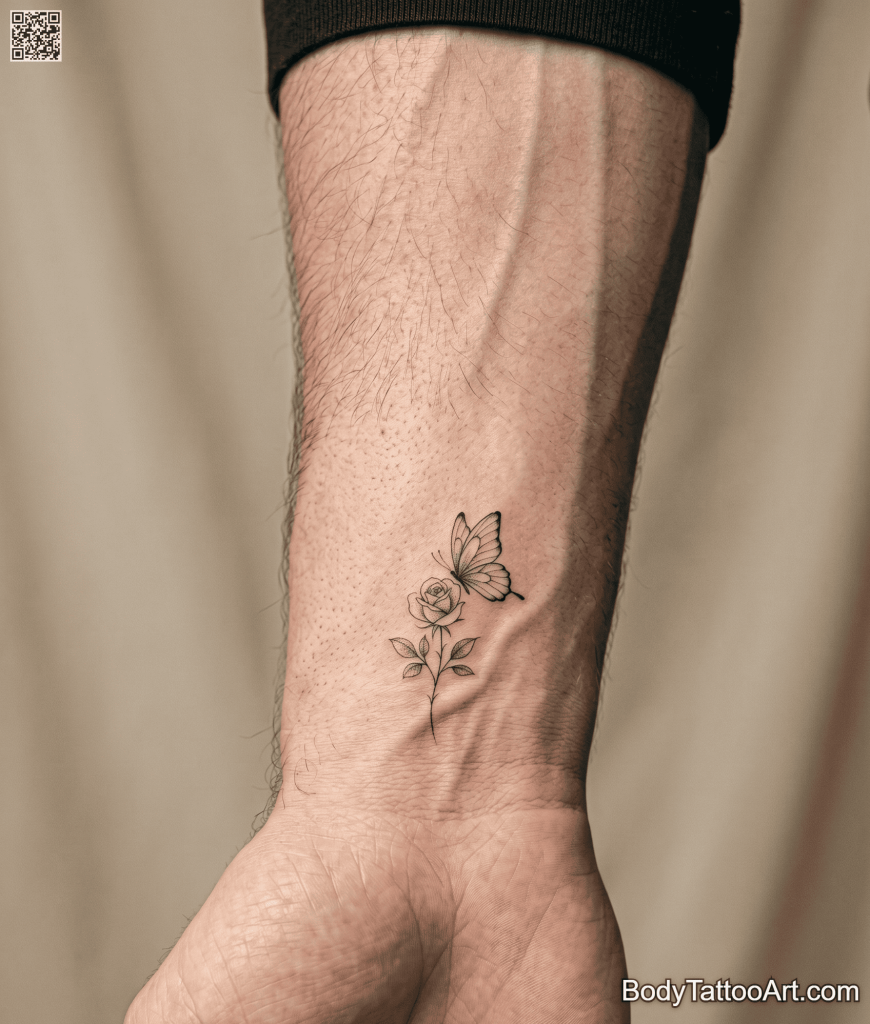 Minimalist Rose With Butterfly Tattoos
