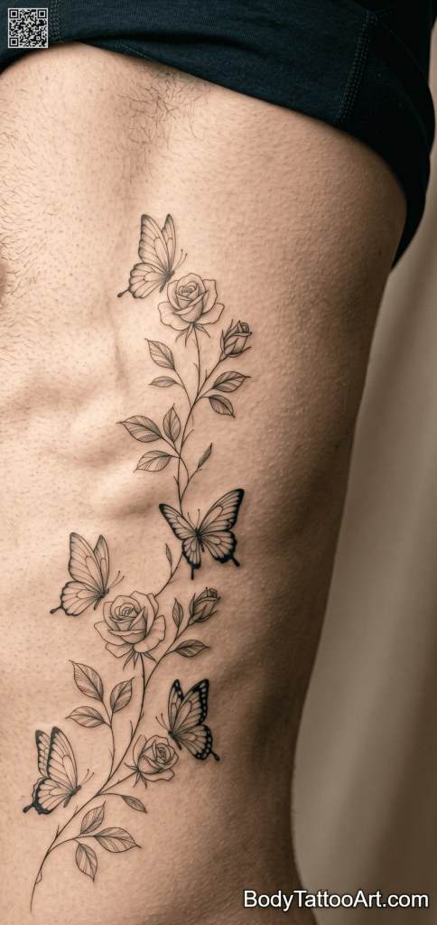 Botanical fine line Rose With Butterfly Tattoos