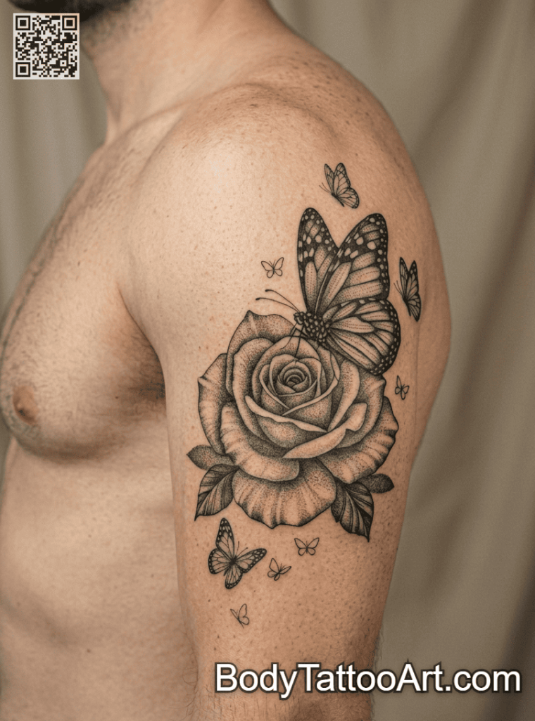 Dotwork geometric Rose With Butterfly Tattoos