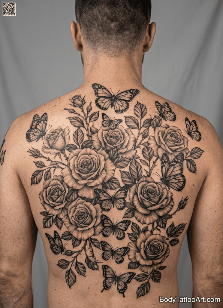 Black and grey realism Rose With Butterfly Tattoos