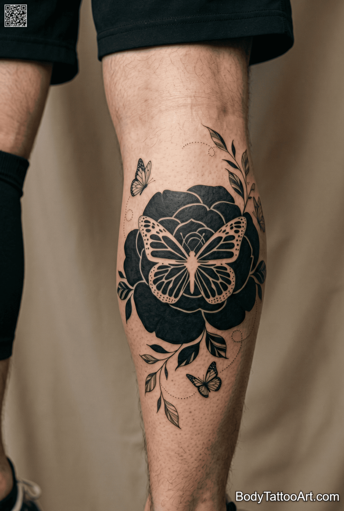 Blackwork Rose With Butterfly Tattoos