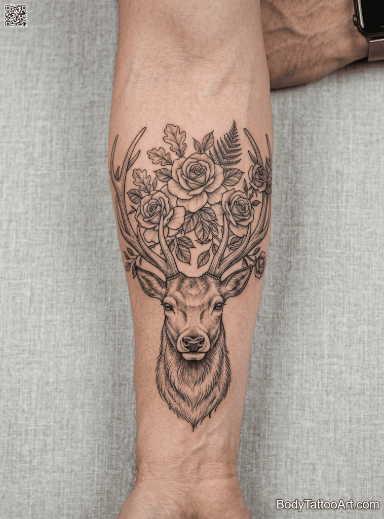 Fine line Rose With Deer Tattoo