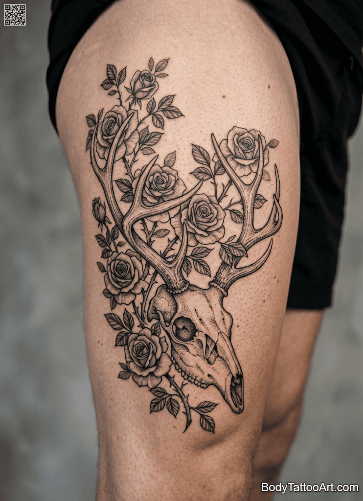 Blackwork Rose With Deer Tattoo