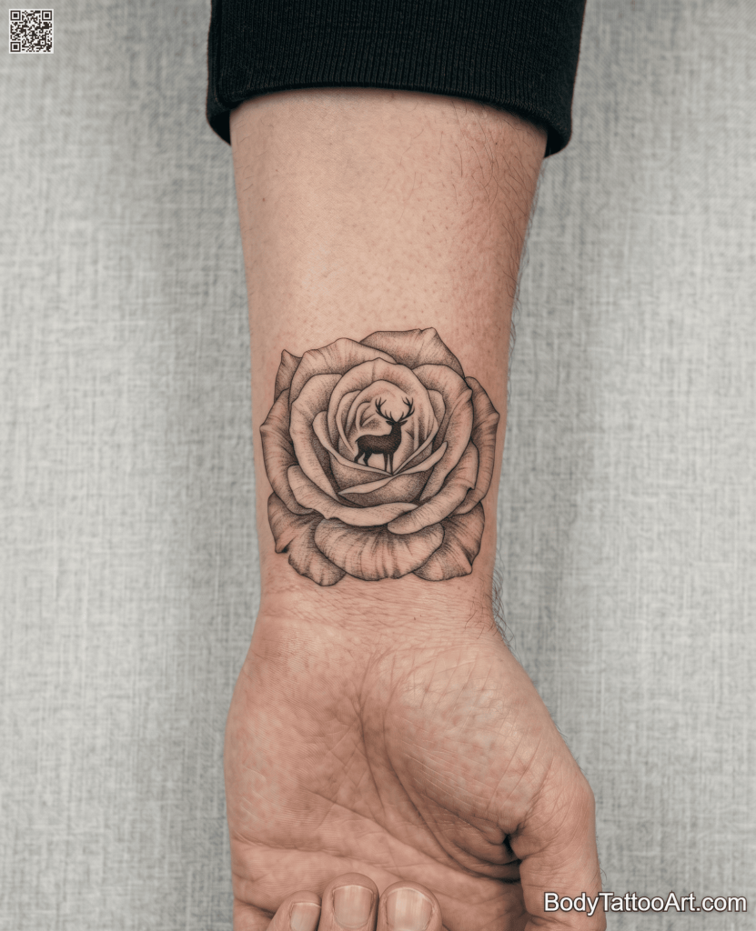 Fine line realism Rose With Deer Tattoo