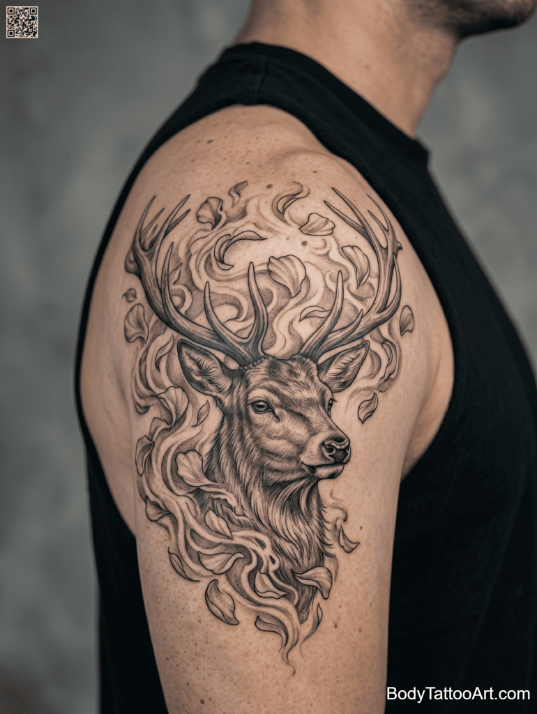 Grey wash realism Rose With Deer Tattoo