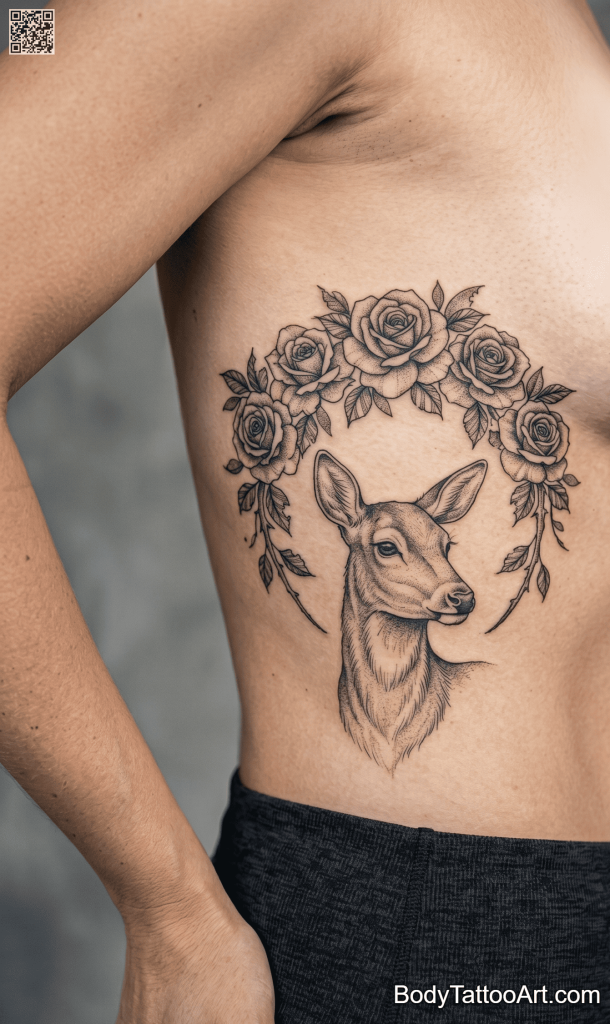 Illustrative Rose With Deer Tattoo