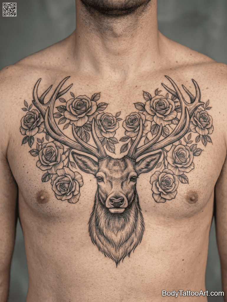 Realistic black and grey Rose With Deer Tattoo