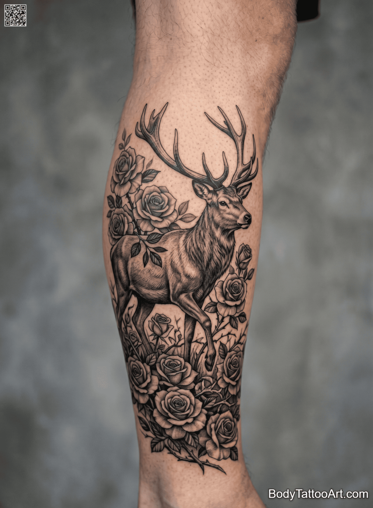 Illustrative realism Rose With Deer Tattoo