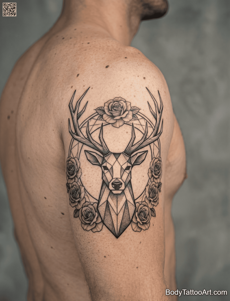 Geometric blackwork Rose With Deer Tattoo