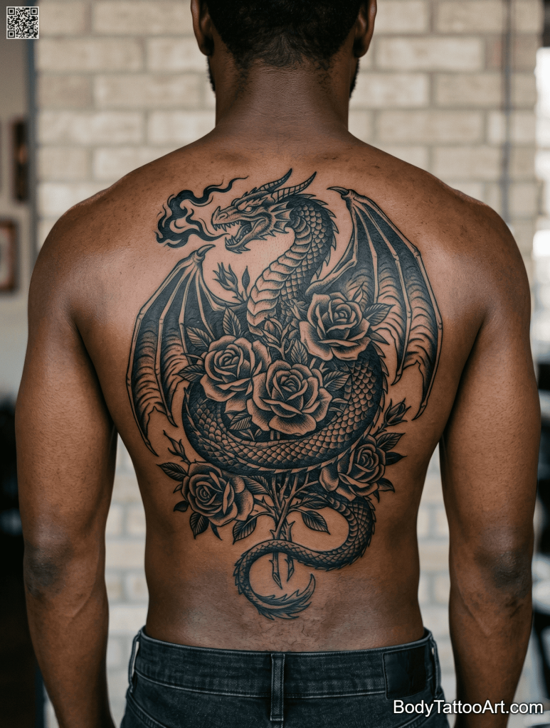 Blackwork Rose With Dragon Tattoos