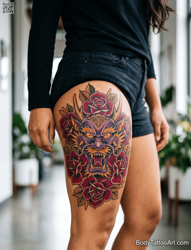 Neo-traditional Rose With Dragon Tattoos