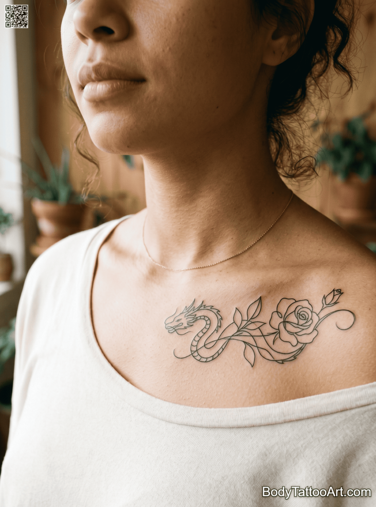 Single-line minimalism Rose With Dragon Tattoos
