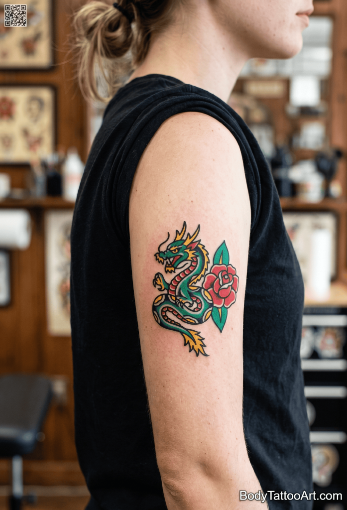 American traditional Rose With Dragon Tattoos